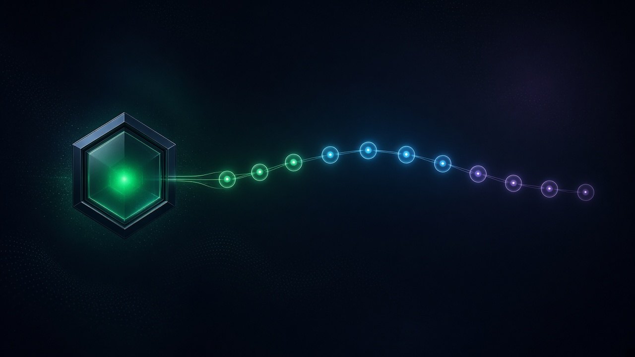 Dark Theos illustration: a glowing hexagon node linked to a week of AI stories.